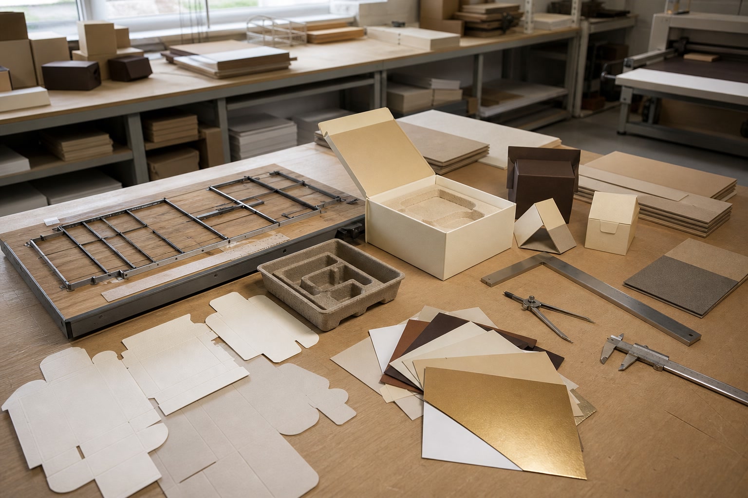 Illustrative unstaffed packaging design environment with dielines, structural samples, inserts, and material references