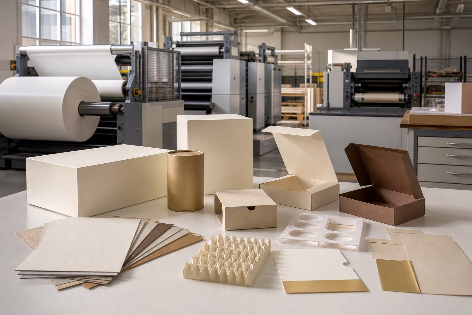 Illustrative packaging design and production environment with structural samples, material references, and equipment