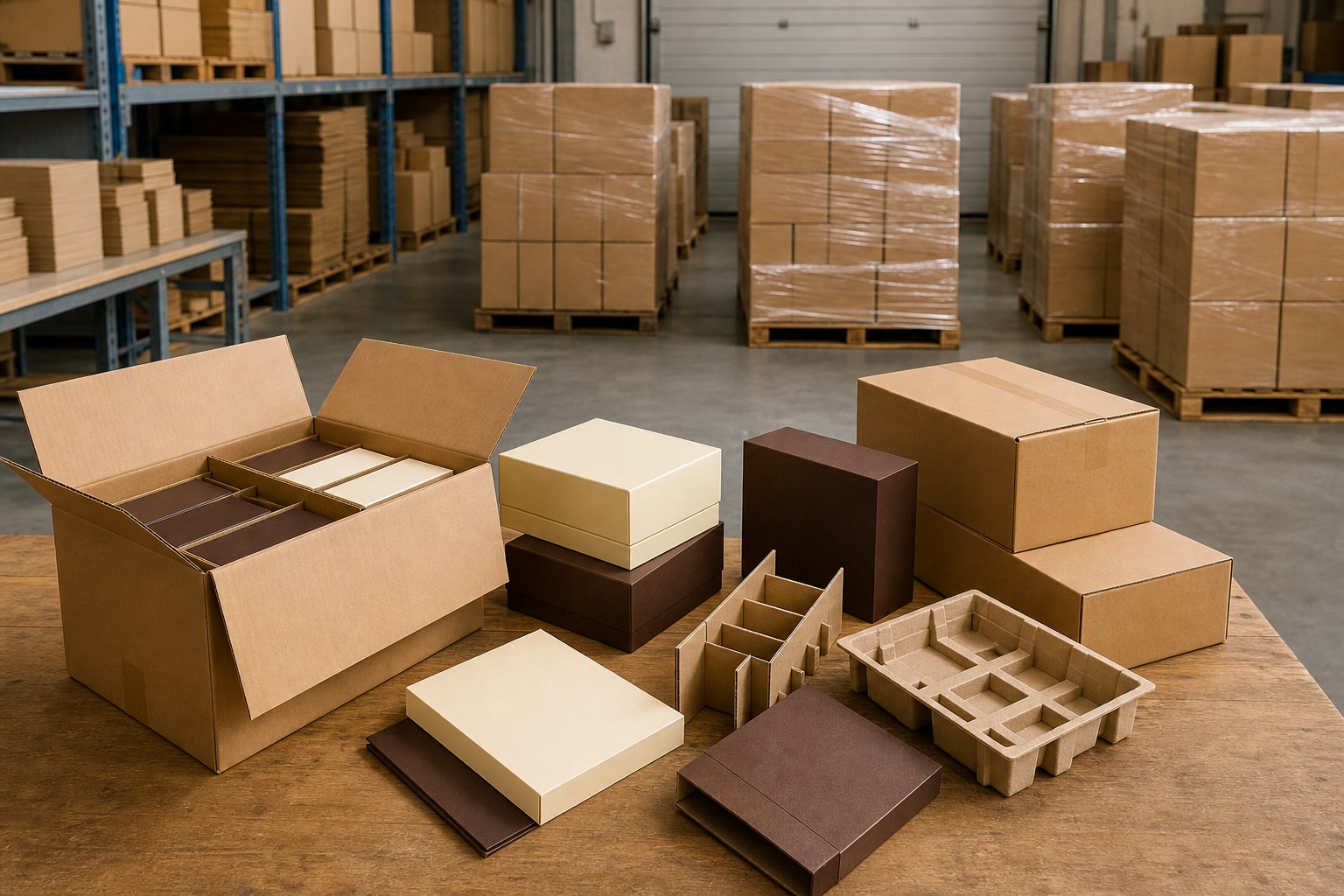 Illustrative unstaffed pack-out environment with finished packaging, protective dividers, outer cartons, and dispatch staging