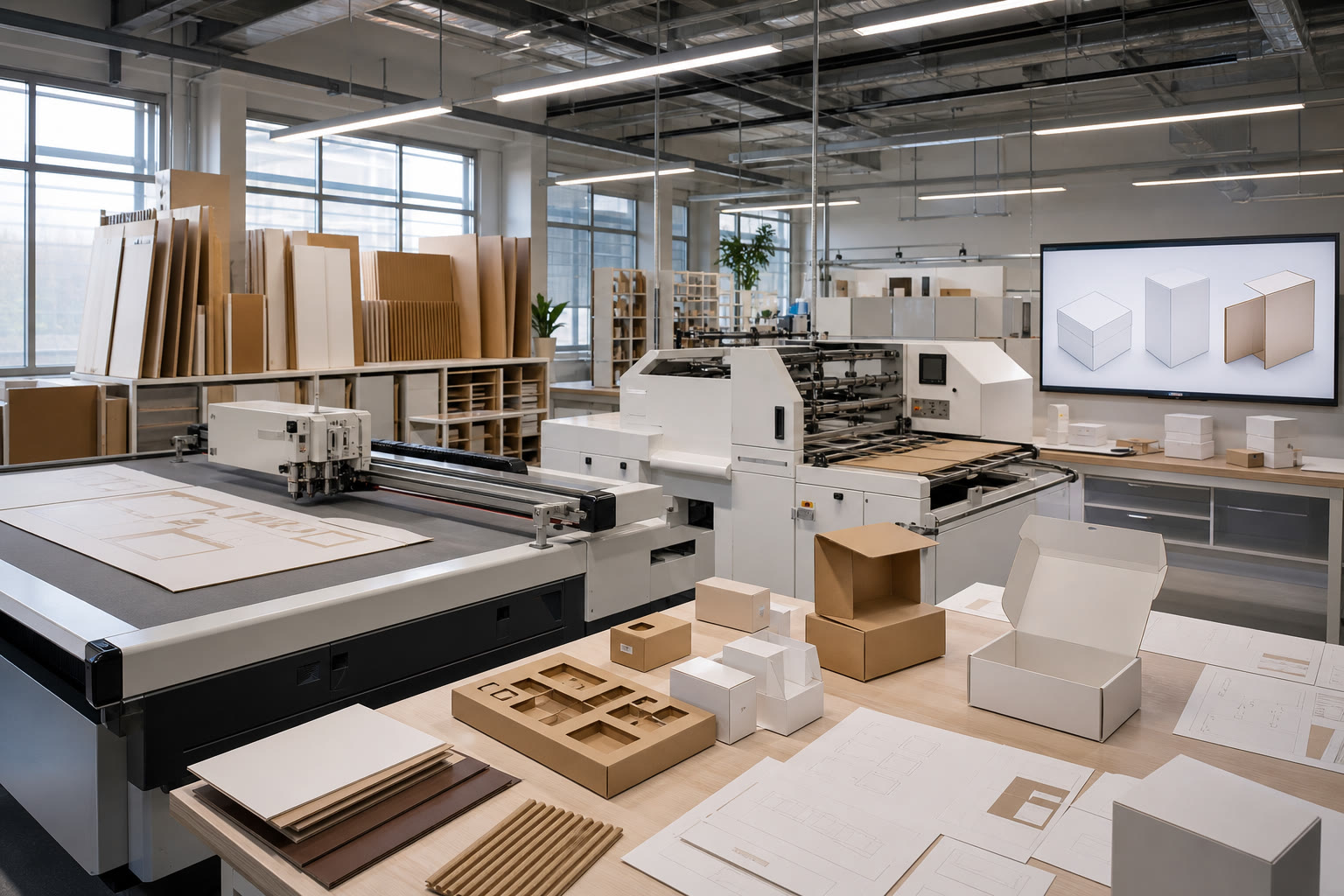 Illustrative packaging engineering environment with dielines, insert prototypes, and factory equipment