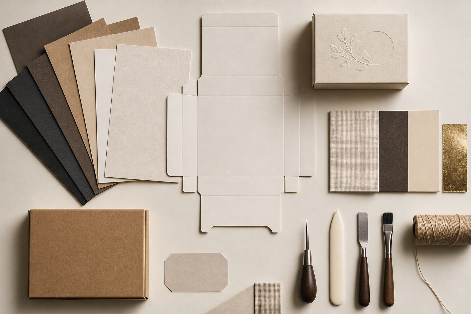 Paperboard, textured paper, dielines, foil, and finishing tools for custom box production
