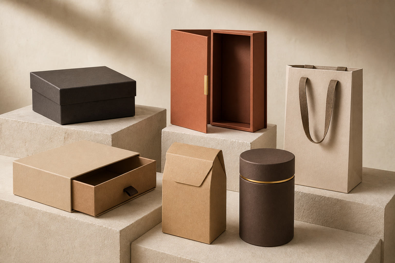 A collection of rigid, drawer, lid and base, cylinder, folding, and handled packaging structures