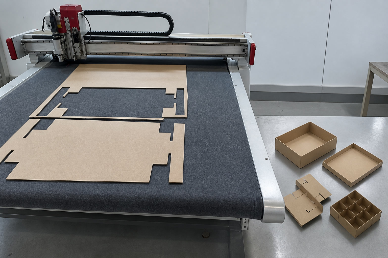 Conceptual packaging design environment with box structures, material swatches, ribbons, and insert layouts