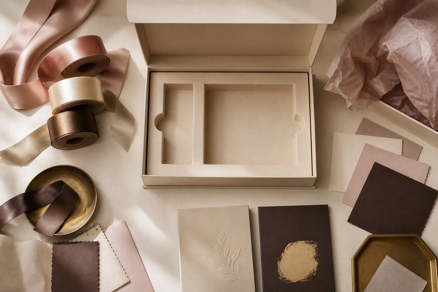 Custom gift box insert with coordinated paper, ribbon, embossing, and foil samples