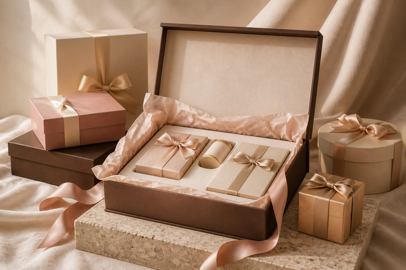 Illustrative arrangement of unbranded custom gift packaging