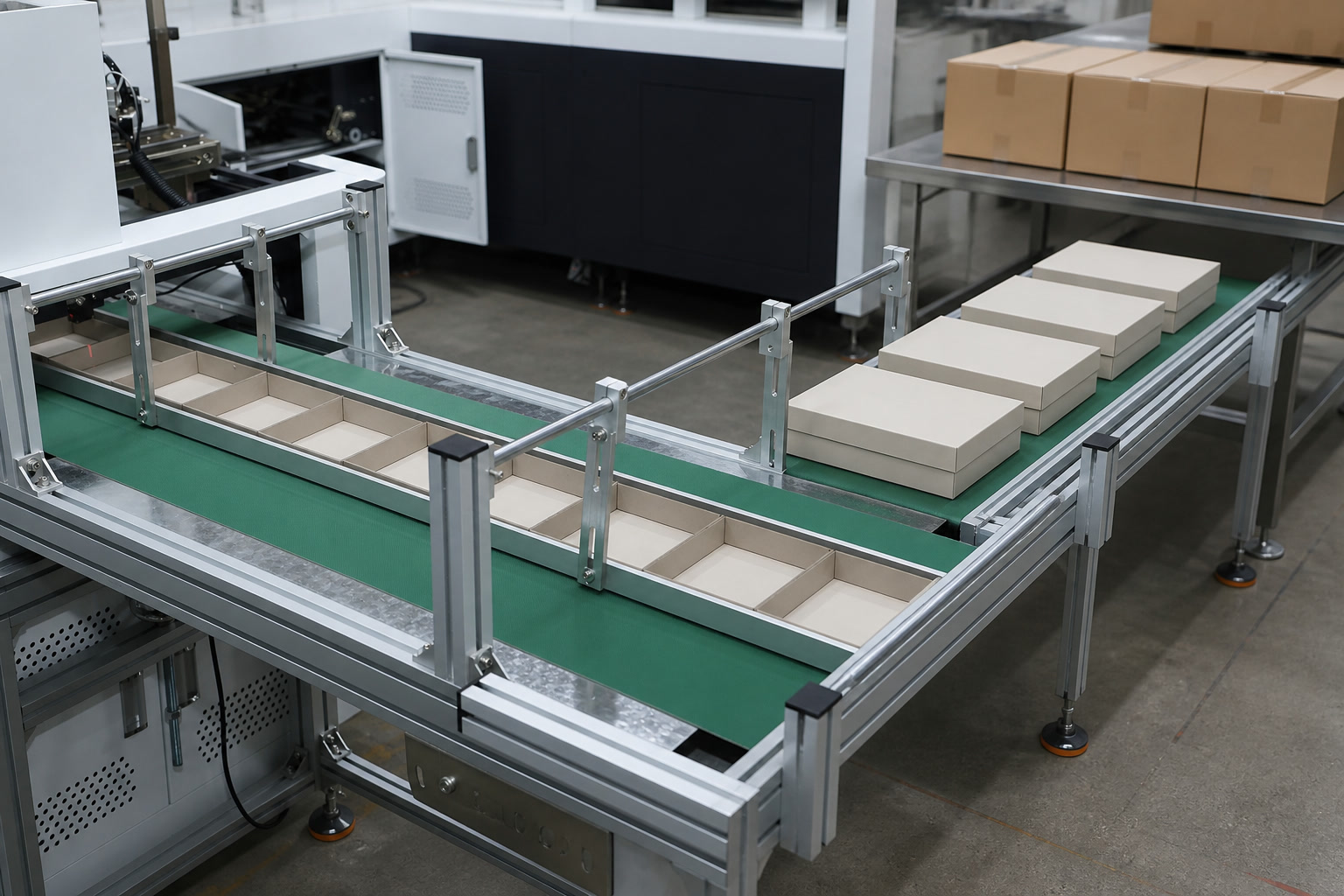Conceptual kitting and pack-out environment with gift sets, inserts, packing stations, and protected cartons