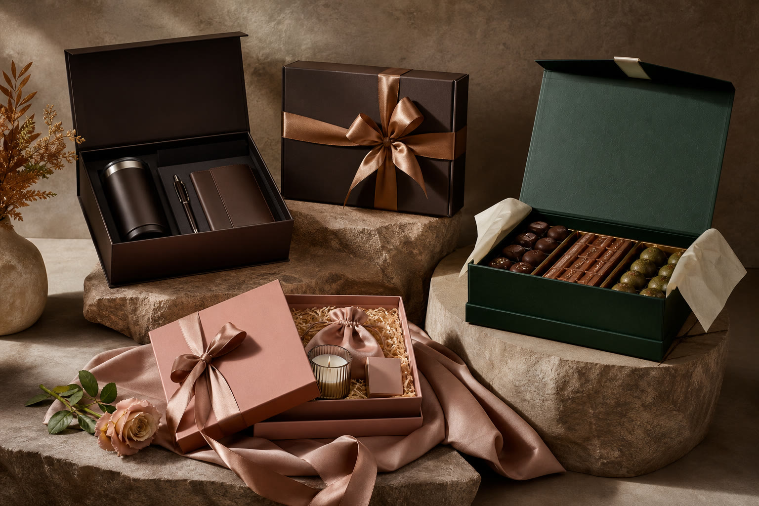 Corporate, celebration, and seasonal gift packaging in coordinated premium finishes