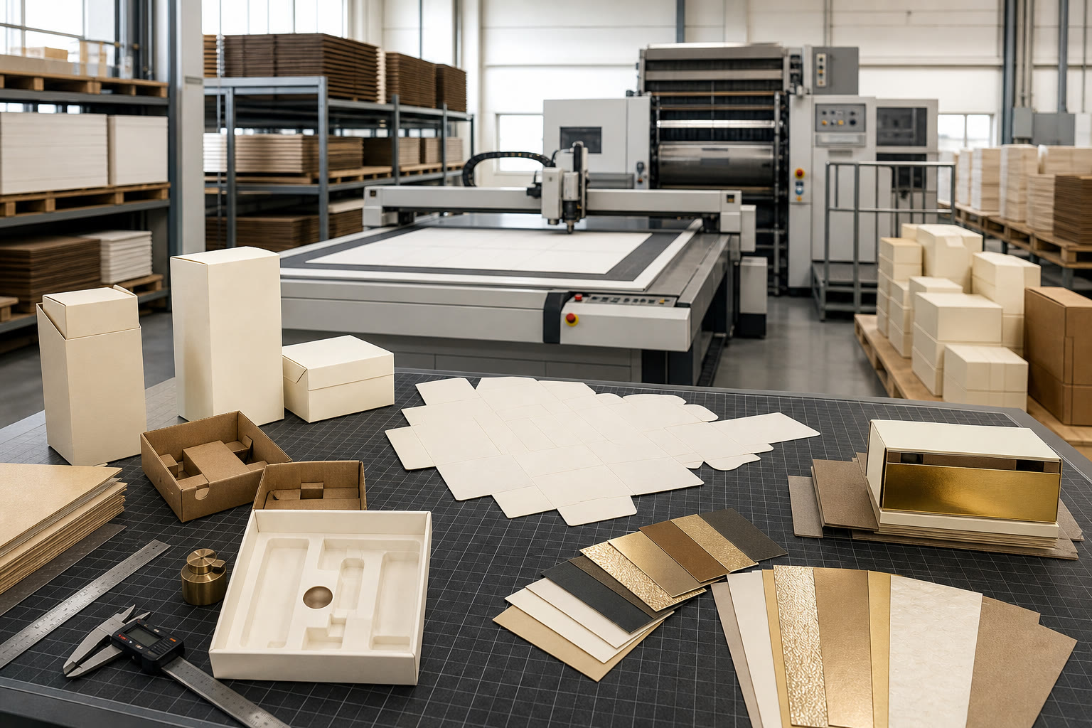 Illustrative packaging development and production environment with samples, materials, and equipment