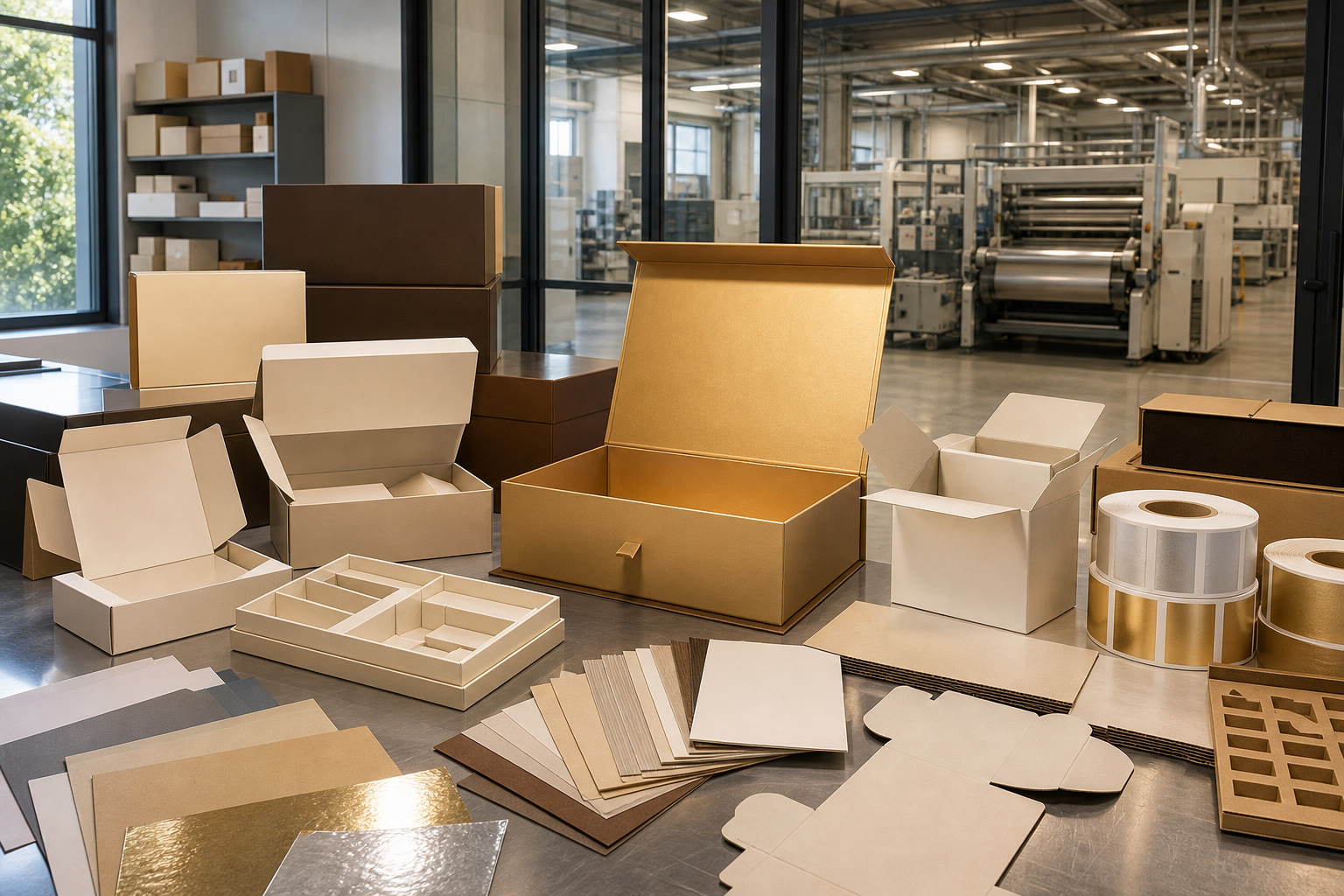 Illustrative range of unbranded custom boxes, gift packaging, and labels