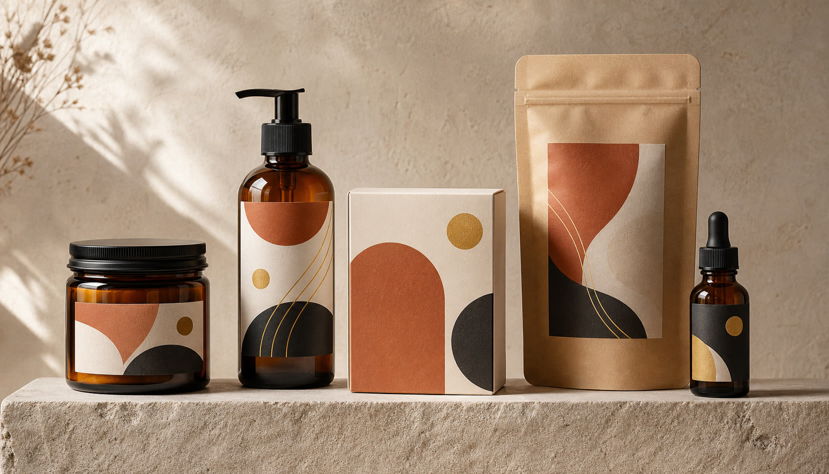 Coordinated custom labels on bottles, a jar, a box, and a pouch