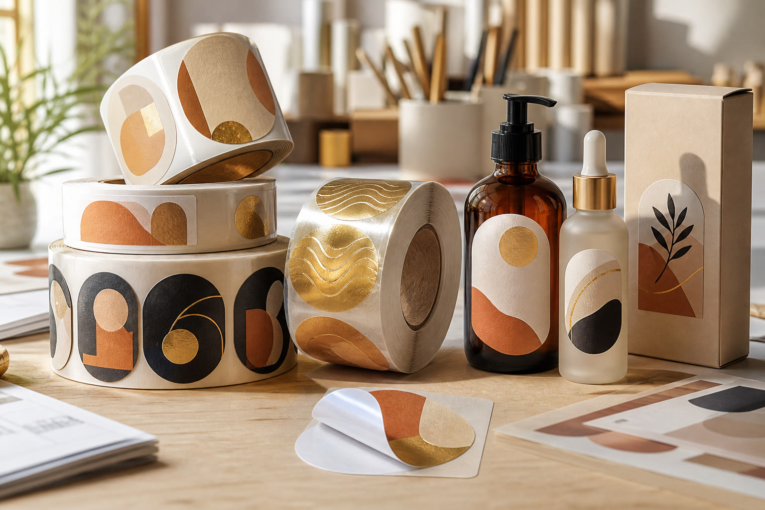 Illustrative rolls of unbranded custom labels applied to packaging