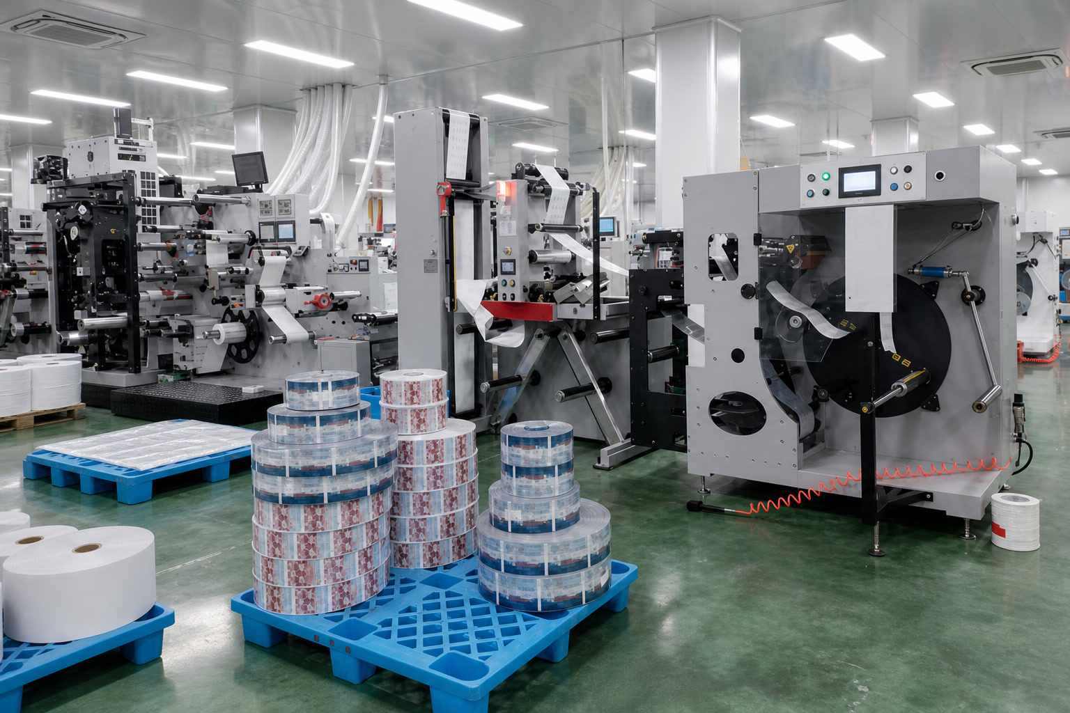 Illustrative label converting line with rolls and rewound label stock