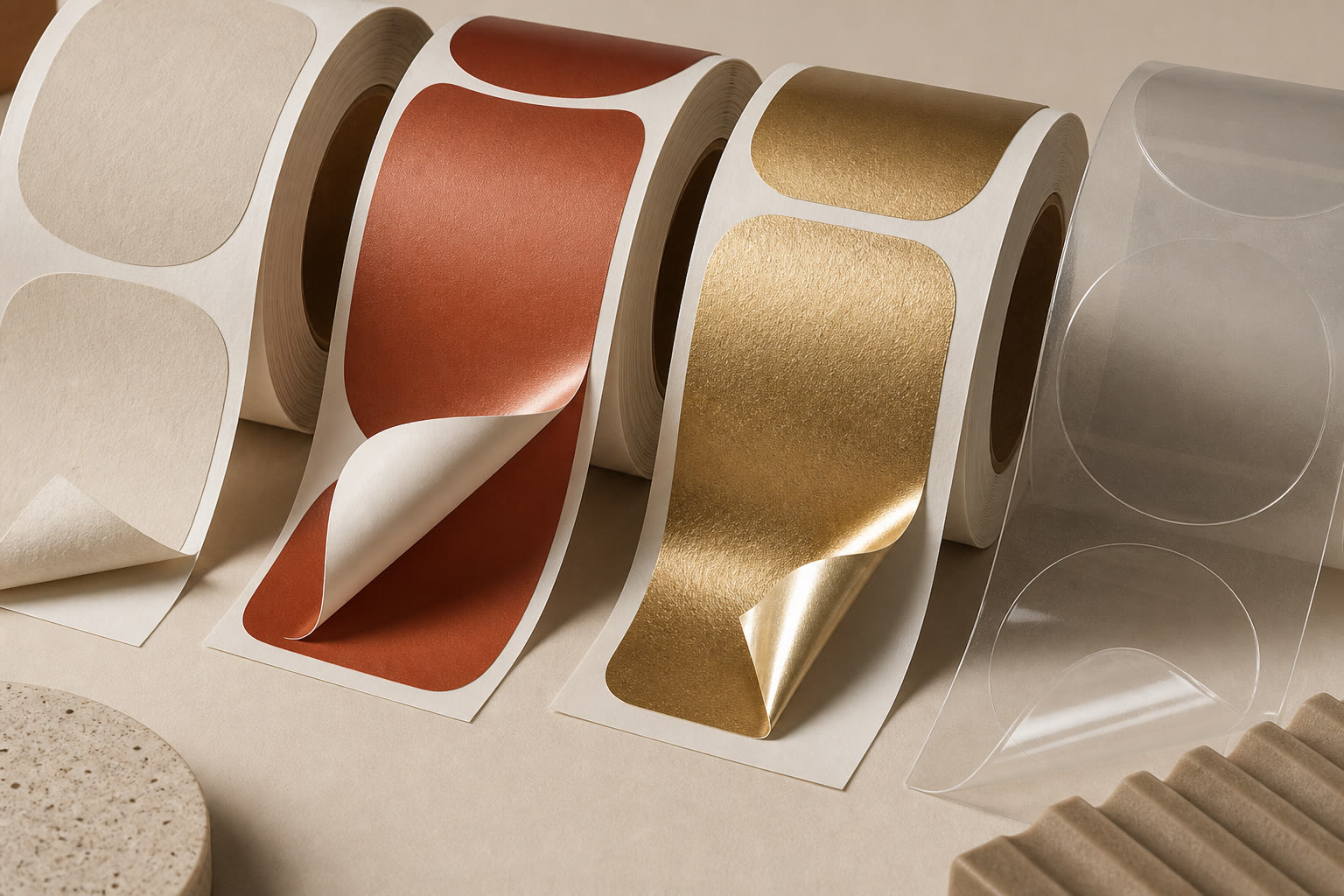 Paper, metallic, and clear label materials on rolls